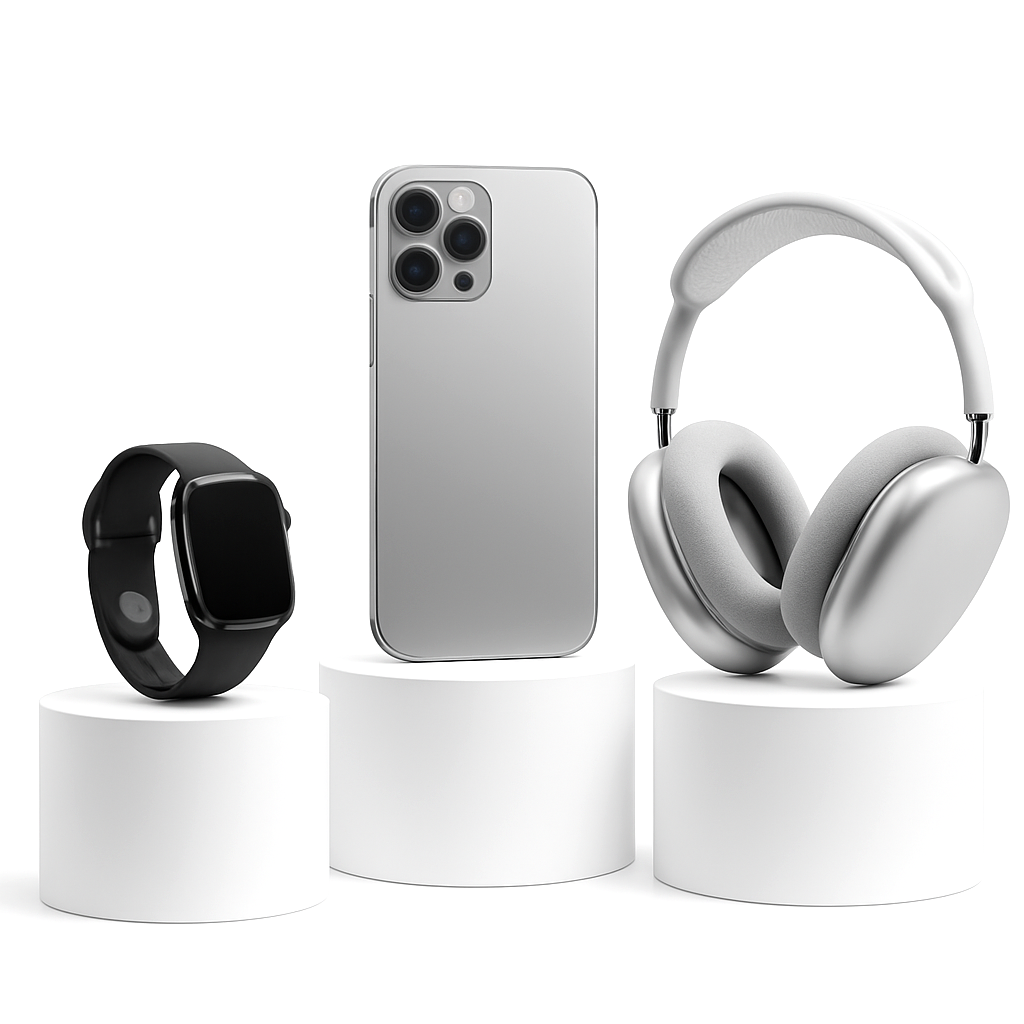 A smartwatch, smartphone and over-ear headphones displayed on white pedestals